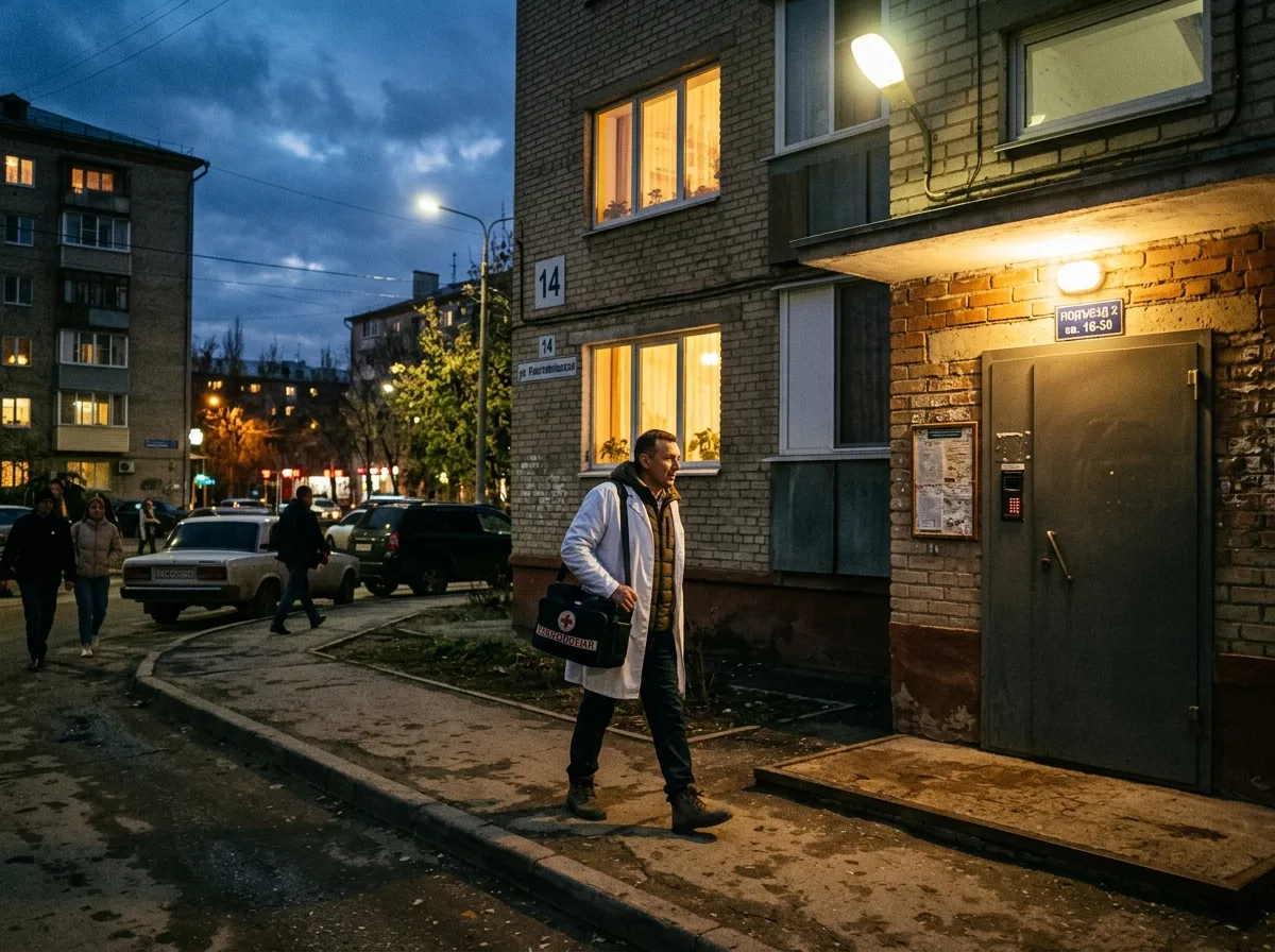 Врач-нарколог в белом халате прибывает к пациенту на дом в Волгограде, вечер, жилой район, тёплый свет из окна квартиры, атмосфера профессиональной экстренной помощи