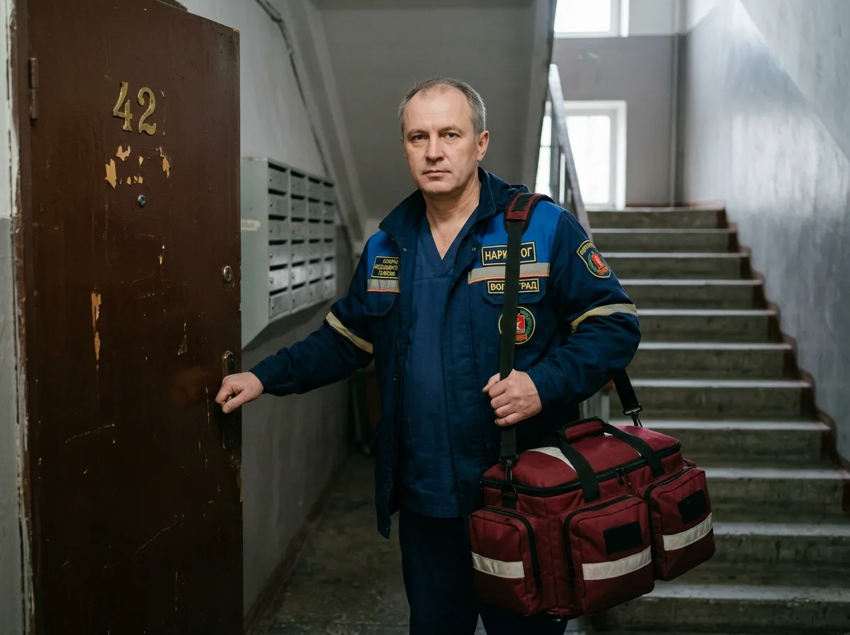 Профессиональный врач-нарколог в медицинском костюме с чемоданом скорой помощи стоит у дверей квартиры в Волгограде, уверенный взгляд, готовность к экстренному вызову