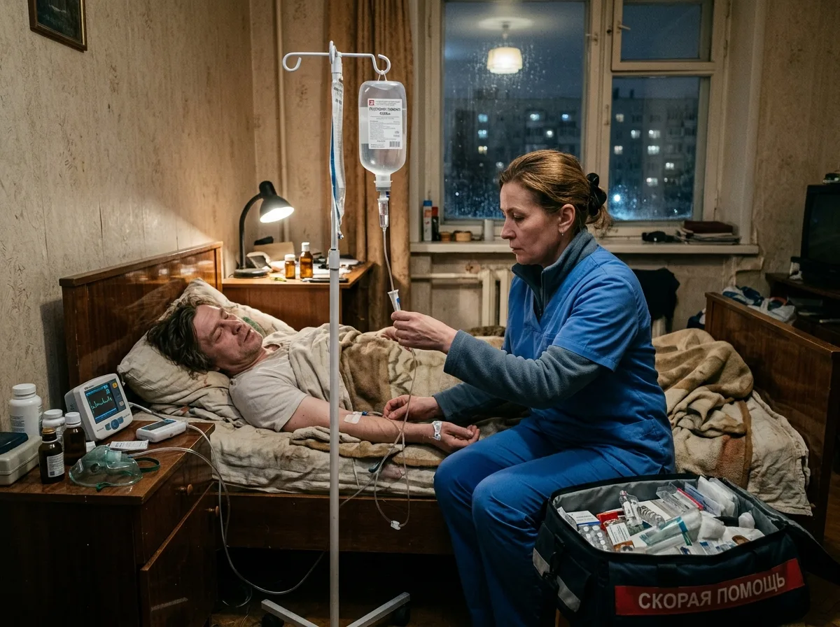 Нарколог проводит процедуру экстренной детоксикации при алкогольном отравлении на дому, Волгоград, медицинское оборудование рядом с кроватью пациента